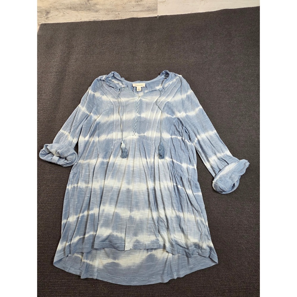 Vintage America Tunic Top Womens L‎ Blue Tie Dye Zola Crochet Tassels